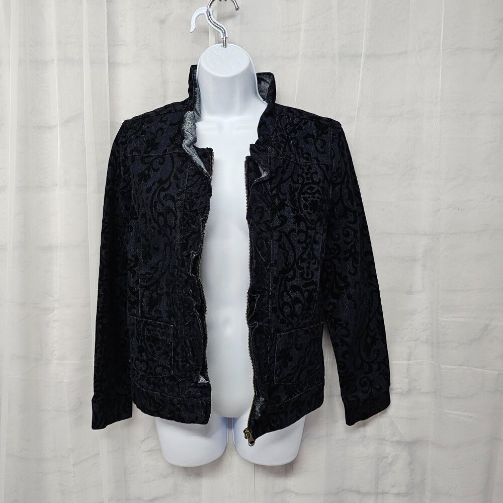 Tantrums Blue Black Velour Flocked Denim Jacket Zip Ruffle Boho M - Picture 3 of 14